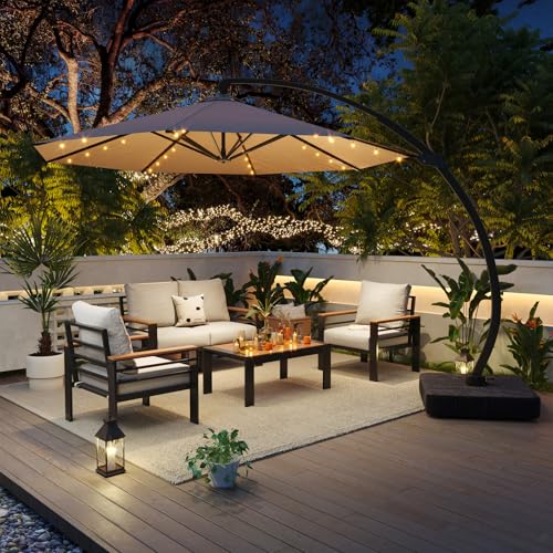 Image of Aoxun Aluminum Patio Furniture Set with Umbrella 4 Seats, Oversized Outdoor Sectional with Washable Thick Cushions, Coffee Table, Patio Conversation Sets for Porch, Balcony, Deck