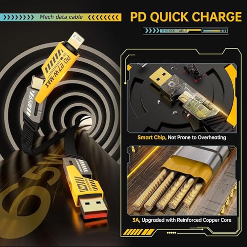 Image of Tufento 65W 4-in-1 Fast Charging Cable [1m /3.3ft], MFi Certified USB-C & USB-A to Type-C & Lightning Multi-Charger Cord, Compatible with iPhone, iPad, MacBook, Android, and Laptops (Black)