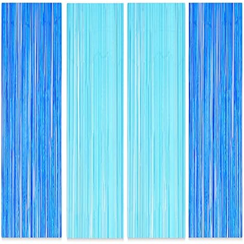 Boopati 3.2x6.5 ft Blue Metallic Tinsel Foil Fringe Curtains,Blue Foil Fringe Curtain,Blue Birthday Decorations,Blue Streamers,Blue Background Decoration,Pack of 4 Cover