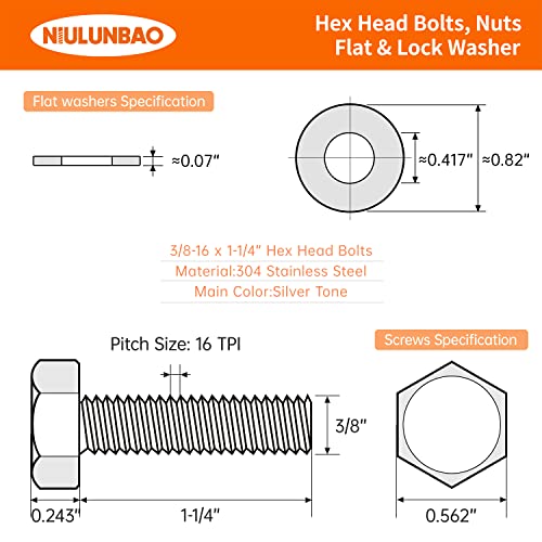 3/8-16 x 1-1/4" Hex Head Bolts Screws, Nuts, Flat and Lock Washers Assortment Kit, 304 Stainless Steel(18-8), Machine Fully Thread, Bright Finish 8Sets