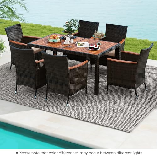 Tangkula 71524-WH 7 Pieces Outdoor Wicker Dining Set, Patio Dining Furniture Set With Acacia Wood Table And 6 Stackable Chairs, Outdoor Table And Chairs Set With 1.96 Inch Umbrella Hole And Cushions thumb #2