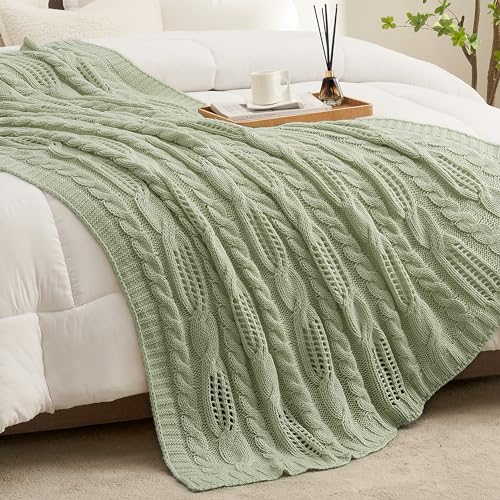 Image of Amélie Home Sage Green Spring Throw Blanket Decorative Hollow Cable Knit Throw Blanket Soft Cozy Lightweight Farmhouse Throw Blankets for Couch Sofa Bedroom 50 x 60
