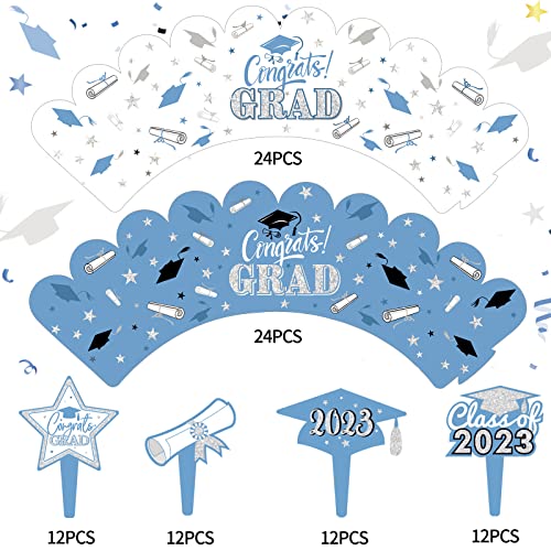 96 Pieces 2023 Graduation Cupcake Toppers Wrappers Congrats Grad Cake Decorations Adjustable Grad Cap Diploma Cake Wrappers Toppers Class Of 2023 Grad Graduation Party Supplies (Light Blue) #TOP1
