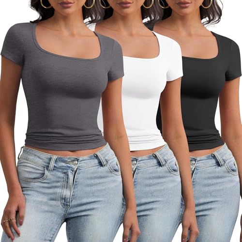 MLYENX 3 Pack Womens Square Neck Short Sleeve Going Out Tops Stretchy Fitted Summer Cute Trendy Basics Tees