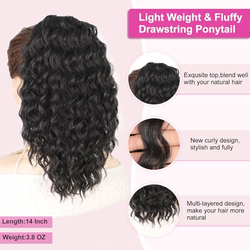 AISI BEAUTY Black Ponytail Extension 14 Inch Curly Drawstring Ponytail for Women Clip in Fake Ponytail Synthetic Curly Pony Tails Hair Extensions(Black) - Image 2