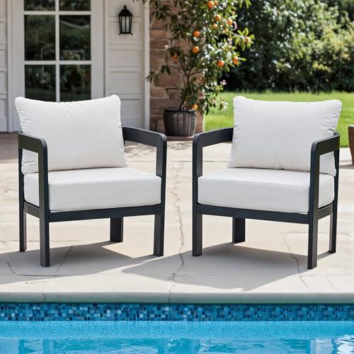Outdoor Furniture Set, 2Pcs Patio Armchairs, Metal Modern Outside Furniture with 6'' Thick Cushions, Outdoor Conversation Set Balcony Chairs for Backy