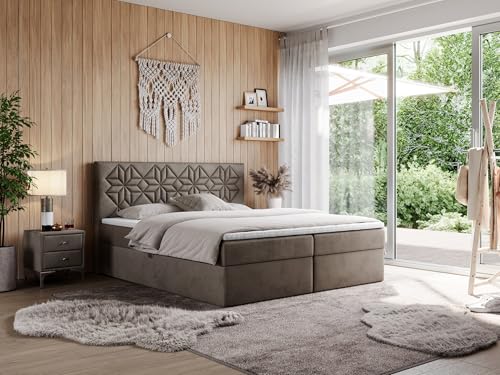 MKS MEBLE Boxspringbett 200x200 mit Matratze H4 und Bettkasten, Doppelbett Bett mit Stauraum und Topper, Polsterbett 200x200 mit Kopfteil - Leila - Braun Velvet - H4