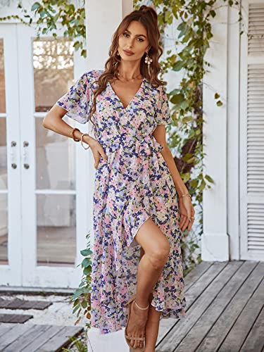 PRETTYGARDEN Women's Summer Floral Boho Maxi Dress Wrap Short Sleeve V Neck Ruffle A-Line Flowy Wedding Guest Long Dresses