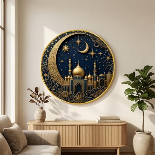 Image of SAF Islamic Mosque Crescent Moon Round Wall Painting with Premium PVC Golden Frame, Blue Gold Starry Night Arabic Art for Prayer Room Living Room Decor (16 x 16 Inch) GRM-436