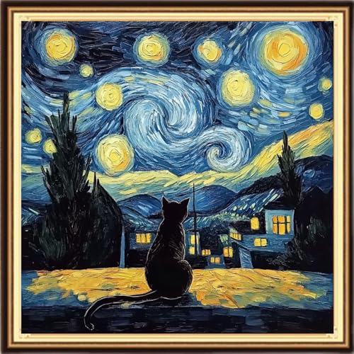 Image of Dimensean Stamped Cross Stitch Kits Full Range of Embroidery Patterns Starter Kits for Beginners Adult DIY Cross Stitches Needlepoint Kits 11CT-Van Gogh Starry Cat 18x18 inch