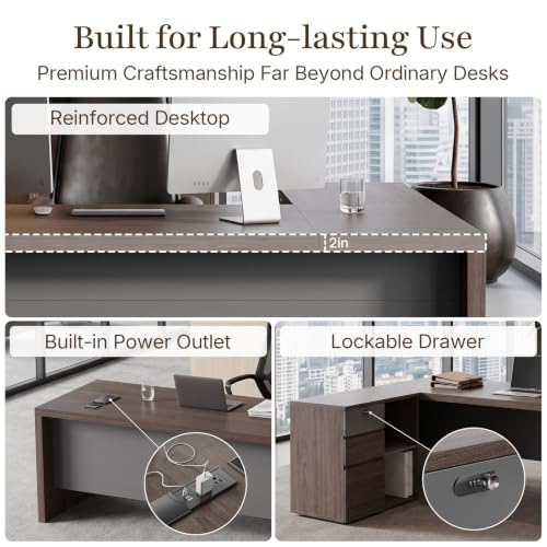 Image of 79 inch L-Shaped Executive Desk, Reversible Return with Power Outlet, Walnut