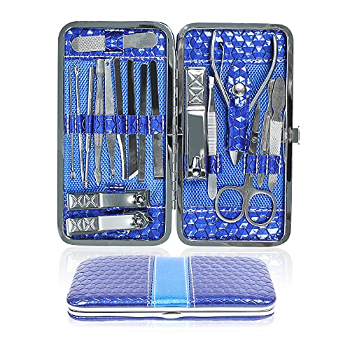 SHURUI 18pcs Manicure Set Nail Clippers, Toenail Nail Clippers Manicure Set for women，Professional Stainless Steel Grooming Kits, Nail Cutter with Luxurious Travel Case For Men and Women (Navy Blue)