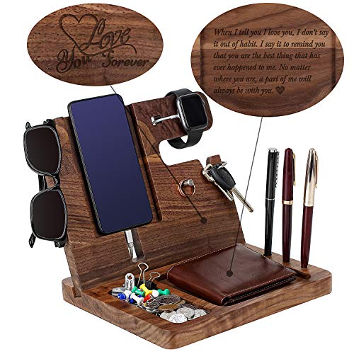 Wood Phone Docking Station for Men Personalized - Valentine's Day Idea for Husband Boyfriend Birthday Gift for Him - Wooden Organizer Nightstand Organizer