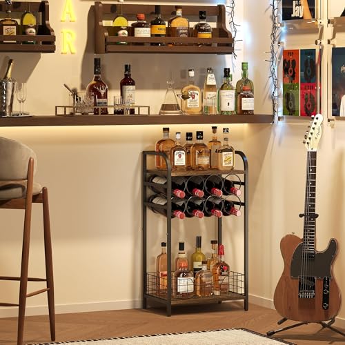 3 Tier Wine Bar Table Small Liquor Bottle Holder with 8 Bottle Wine Rack Mini Wine Bar Cabinet Corner Whiskey Display Shelf Floor Liquor Storage Bar for Home Living Room