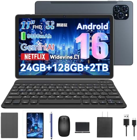 （16:30時点） 【2026新登場 Android16 タブレット 11インチ 】TABWEE T90 タブレット アンドロイド16 WiFiモデル 、24GB+128GB+2TB拡張、1920*1200 FHD大画面、WidevineL1対応 Netflix YouTube、8000mAh大容量 tablet、OTG+GMS認証+無線投影+顔認識、ケース+マウス+キーボード+タッチペン 仕事・学習・動画視聴に最適