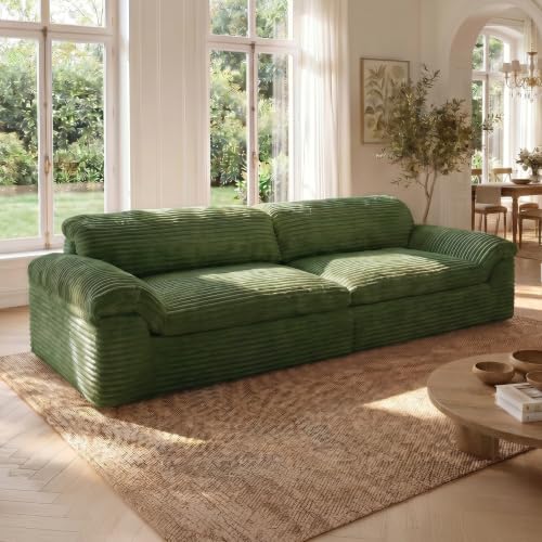 Image of Vesgantti 118 inch Boneless Couches for Living Room, Cloud Sectional Couch & Deep Seat, 3 Seater Comfy Corduroy Modular Sofa, Modern Slouch Couch, No Assembly Required, Green