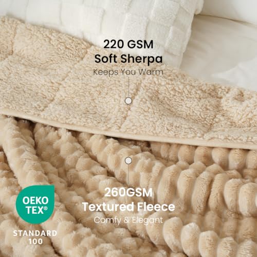 Image of Drewin Weighted Blanket for Adults Queen Size 20lbs, Soft Cozy Turtleback Sherpa Weighted Blankets for Sleeping and Calming, Thick Bed Blanket for Couch Bed, 60 x 80 inches, Light Khaki