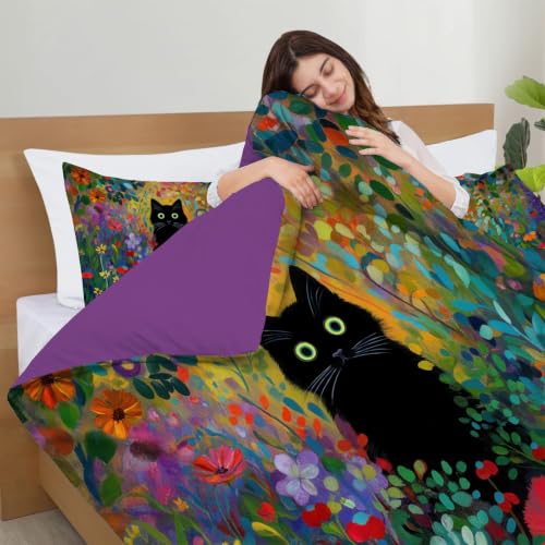 Housse de couette 220x240cm chat noir avec 2 taies d'oreiller - 6