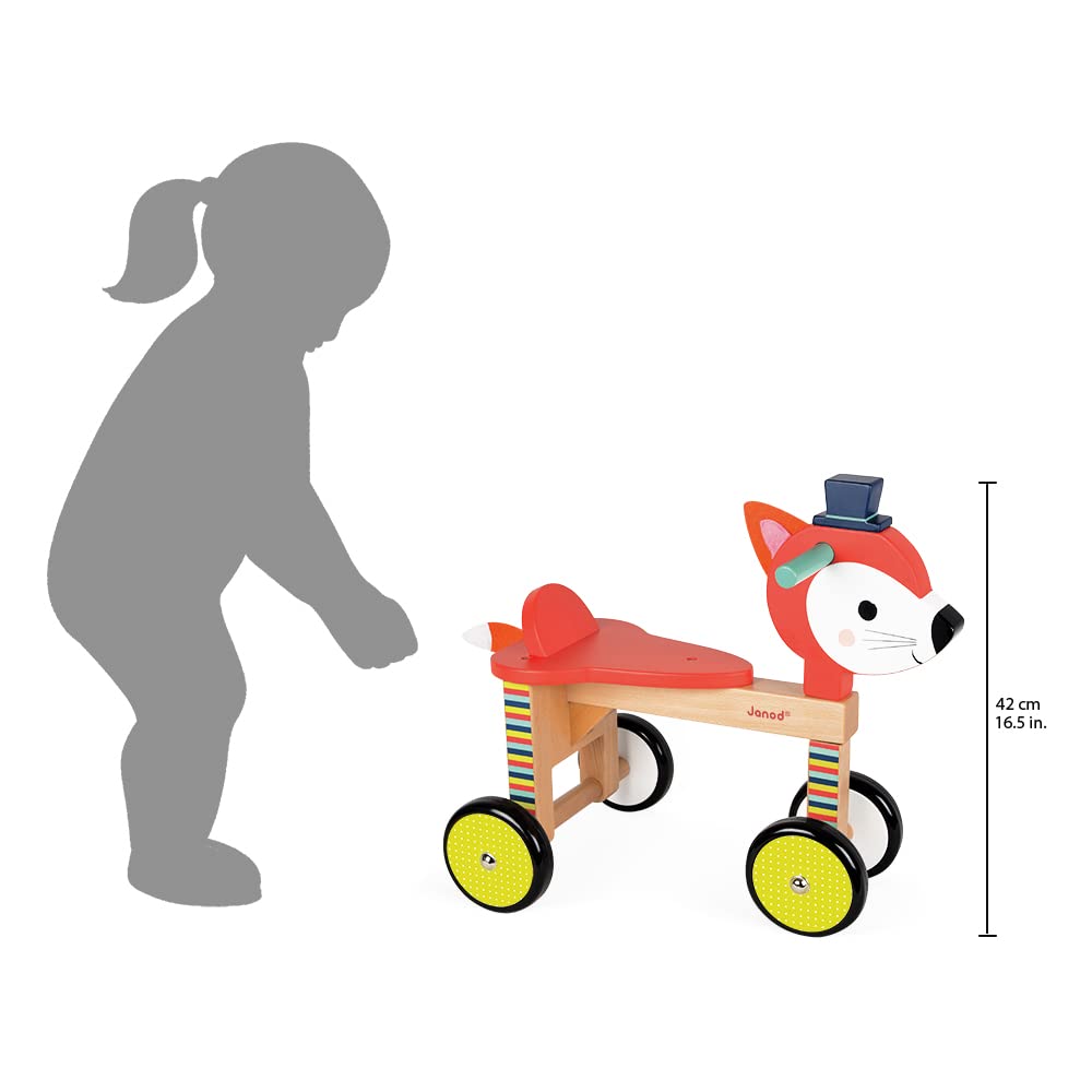 Janod - Baby Forest Cavalcabile Volpe (Legno), Giocattolo per L’Apprendimento Precoce dei Bambini, per Sviluppare L’Equilibrio e la Motricità Fine - da 12 Mesi in su, J08010