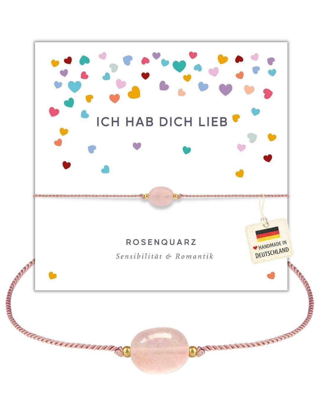 happymaker - Freundschaftsarmbänder, Rosenquarz und Mondstein Armbänder Frauen, Edelstein Armbänder mit Spruchkarte und Geschenkverpackung, handmade in Deutschland (Ich hab dich lieb/Rosenquarz)