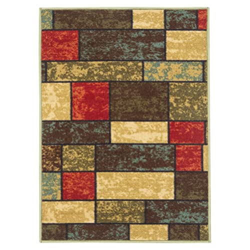 Machine Washable Boxes Design Non-Slip Rubberback 2X3 Traditional Area Rug For Entryway, Bedroom, Kitchen, Bathroom, 2'3" X 3', Multicolor #TOP1