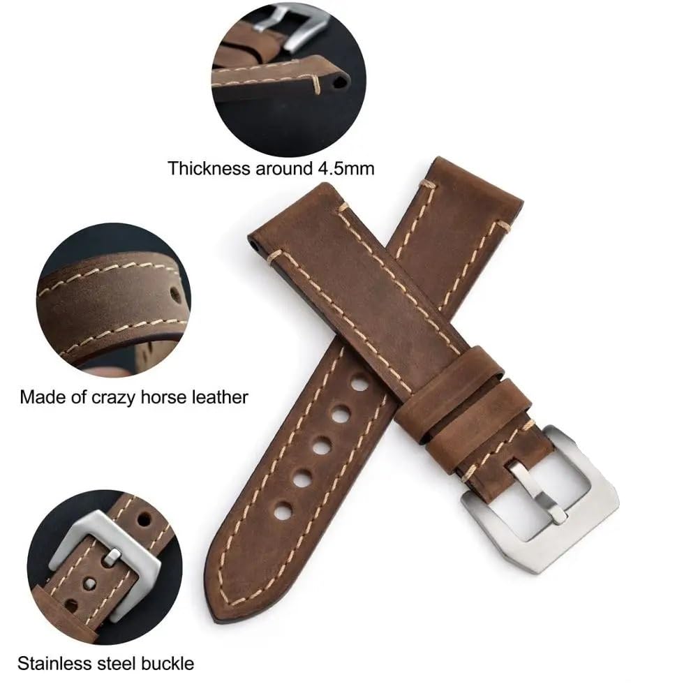 Bracelet de Montre en Cuir et Daim Marron 18 mm, 20 mm, 22 mm, 24 mm, Bracelet Vintage, Boucle en Acier Inoxydable(Light Brown-Black)