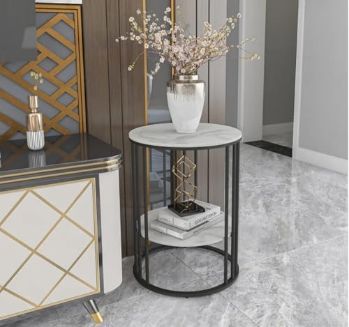 Image of 2 Tier Round Coffee Table with MDF Wood Faux Marble Top 54 x 40 cm | Gold Metal Frame | Storage Shelf | Bedside Nightstand for Living Room Bedroom Balcony Office | Black & White
