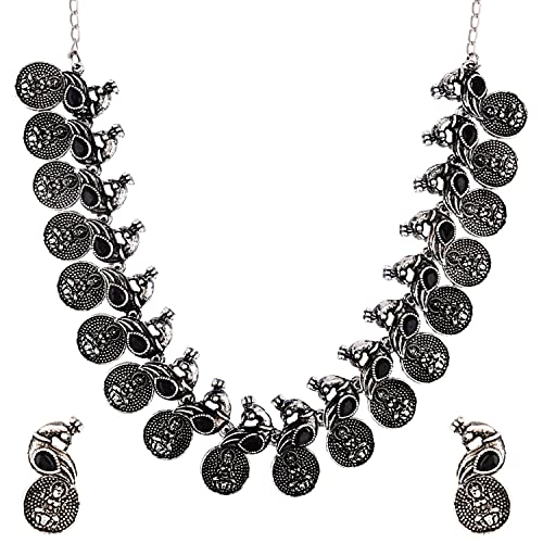 Efulgenz Oxidized Indian Jewelry Set Choker Necklace and Earrings Indian Jewelry Set for Women Oxidized Antique Bohemian Crystal Stone Mahalaxmi Coin Peacock Necklace Earrings Fashion Jewelry by Efulgenz - Used condition - US$8.13