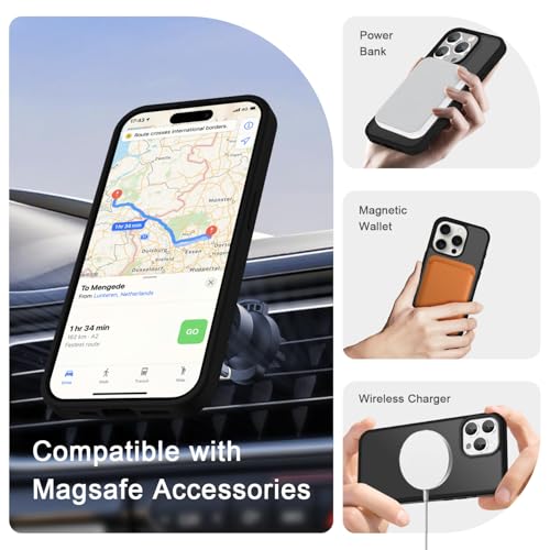 Image of YENAPOON for iPhone 15 Pro Max Case, Matte Magnetic Phone Cover [with 1 Screen Protector] [Support for MagSafe] [Shockproof Military Grade Protection] Translucent Frosted Back, Black