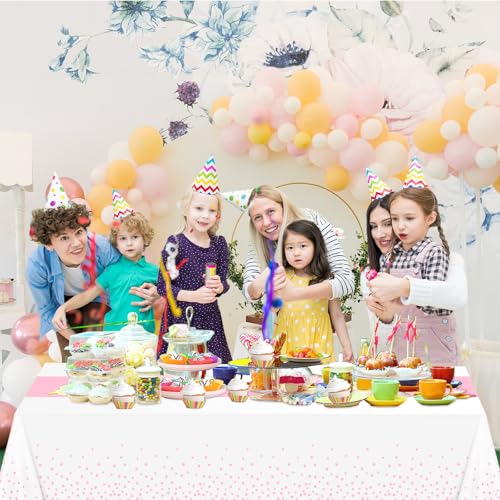 Image of WNINK 4 Pack White and Light Pink Tablecloths, Light Pink Disposable Plastic Waterproof Table Cover, 54 inch x 108 inch, for Birthday, Baby Shower，Wedding, Bridal Shower, Picnic Camping Parties