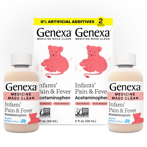 Image of Genexa Infants’ Clean Pain & Fever Acetaminophen, Dye Free, 0% Artificial Additives, Delicious Organic Blueberry Flavor, Liquid Oral Suspension Medicine for Baby, 160 mg per 5mL, 4 fl oz (2 Pack)