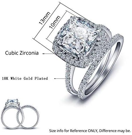 Women's 2PCS Pretty 18K White Gold Plated Princess Cut CZ Bridal Engagement Wedding Band Set Best Anniversary Promise Rings for Her Eternity Love Collection Jewelry Heart Arrow Rings