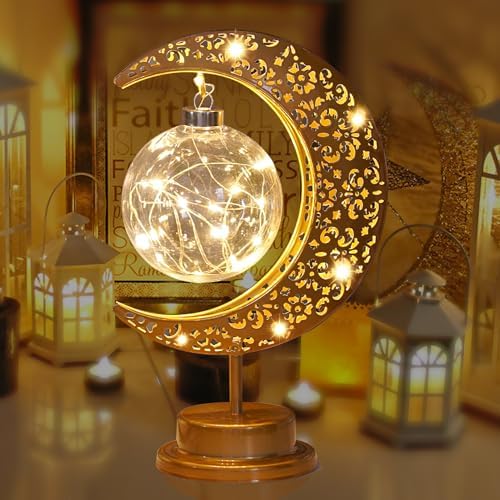 Ramadan Decorations Moon Lamp, Ramadan Decorations for Home, Eid Decor Bedside Lamps, Eid Iron Moon Light Table Lamp, Battery Powered Night Light, Umrah Mubarak Decoration, Islamic Gifts for Women
