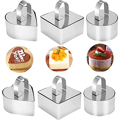 JINYUNMIN Tortenring Kleine Mousse Ringe Dessertringe Backring Edelstahl Kuchenform Speiseringe Dessert Schimmel mit Drücker 6 Stück(Rund & Herz & Viereck) Cover