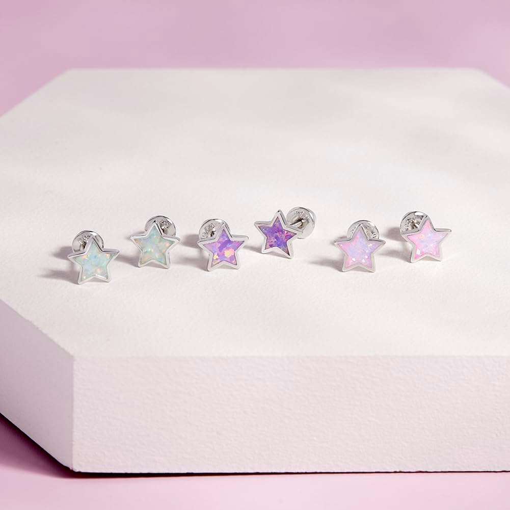 In Season Jewelry Simulated Opal Star Kids Earrings - 925 Sterling Silver Hypoallergenic Earrings for Girls with Secure Screw Backs - Safe & Comfortable for Toddlers, Kids & Little Girls - Image 5