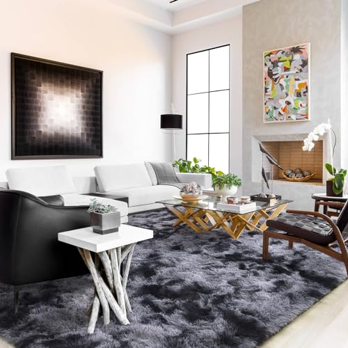 HOMORE 8'x10' Area Rugs for Living Room, Soft Fluffy Rug for Bedroom, Non Slip Shaggy Plush Carpet for Kids Nursery Toddler, Tie Dye Rugs for Room Floor Decor, Dark Gray/Black