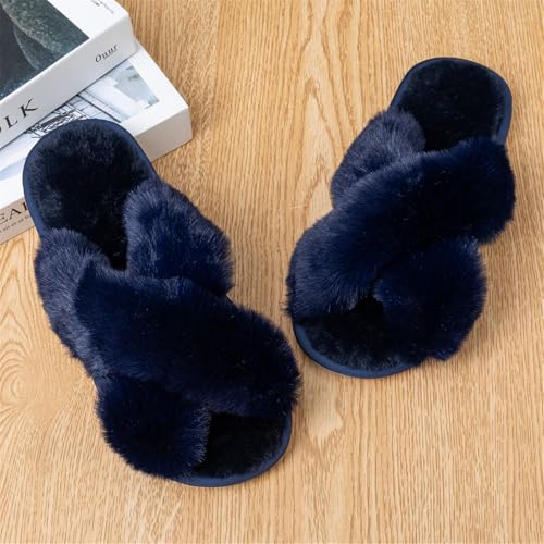 Image of Enteer Women's Slipper Memory Foam Cross Band Fuzzy Slippers Open Toe Cozy House Slippers Cozy Plush Bedroom Indoor Outdoor