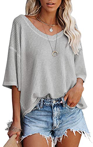 MEROKEETY Women's Casulal V Neck Off Shoulder Shirts Solid Color Loose Baggy Comfy Blouse Lightgrey