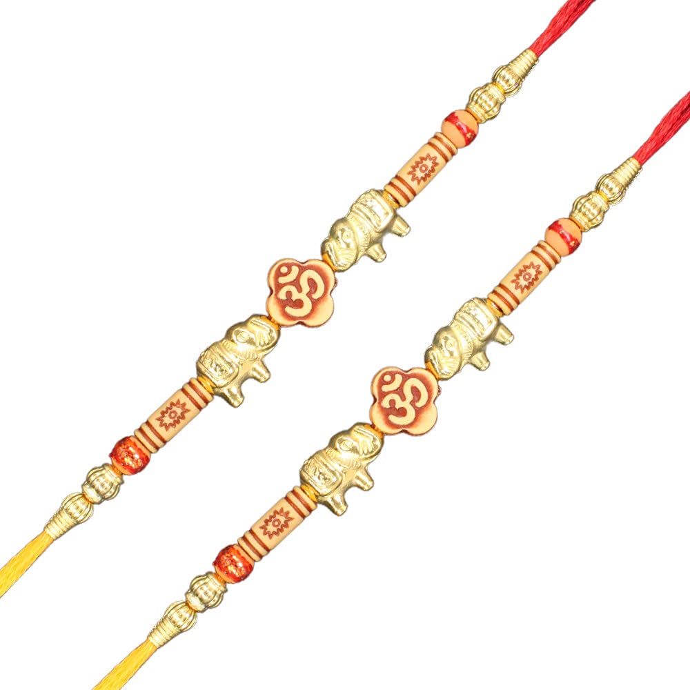 Vaishali Bindi & Bangle. Traditional OM rakhi with golden bead and elephants to compliment the look. Pack of 2 Rakhi's
