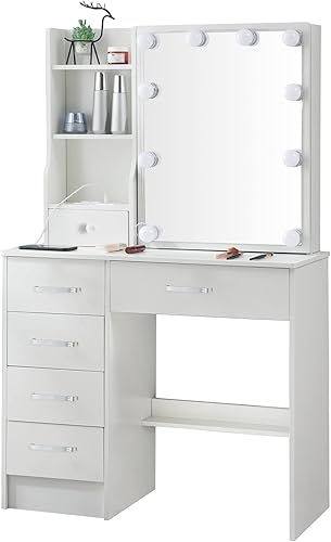 Miniatura 2 de Juego de tocador de maquillaje, tira de alimentación y cajones de almacenamiento, mesa de tocador de 32.7 pulgadas de ancho con espejo y luz, 3