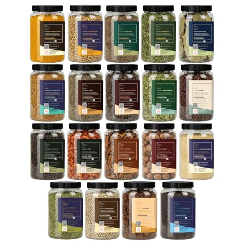 Image of LILA DRY FRUITS Masala Combo Dhania Saunf Tej Patta Sonth Kasuri Methi Haldi Rai Ajwain Methi Dana Safed Mirch Donda Javitri Jaiphal Jeera Kali Mirch Laung Elaichi Dalchini Chakri Phool 100 G Each