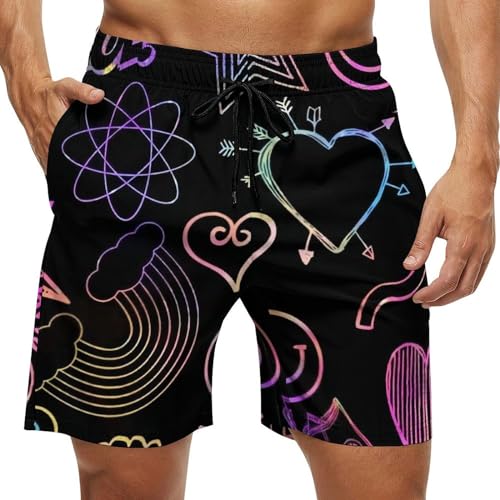 Men's Neon Print Drawstring Elastic Waist Swim Trunks Summer Beach Shorts