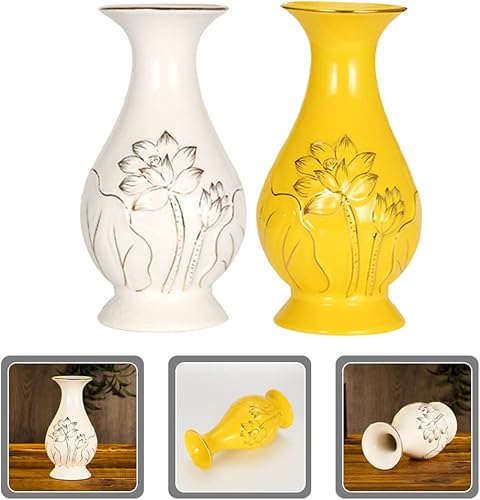 Miniatura 9 de VOSAREA Decoración para el hogar, 2 piezas, florero de loto, uso budista, florero de cerámica, jarrón de flores secas para templo que ofrece