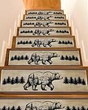Stair Treads for Wooden Steps,Retro Pine Tree Bear Silhouette Non Slip Stair Carpet Indoor Stair Runner Staircase Step Treads,Black Animal Vintage Back Stair Mat 8x30in 15 Pcs