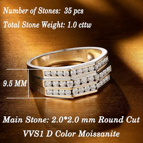 D Color VVS1 Moissanite Mens Wedding Band 925 Sterling Silver Triple Row Round Cut Weddin Rings for Men Statement Size 9-123