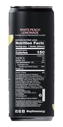 UPTIME Energy White Peach Lemonade - Cane Sugar (12 Pack), Premium Energy Drink, 12oz Cans, Natural Caffeine, Sparkling, Natural Flavors