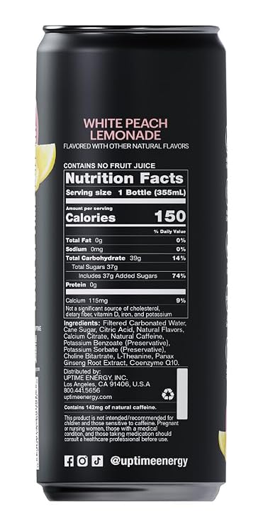 UPTIME Energy White Peach Lemonade - Cane Sugar (12 Pack), Premium Energy Drink, 12oz Cans, Natural Caffeine, Sparkling, Natural Flavors