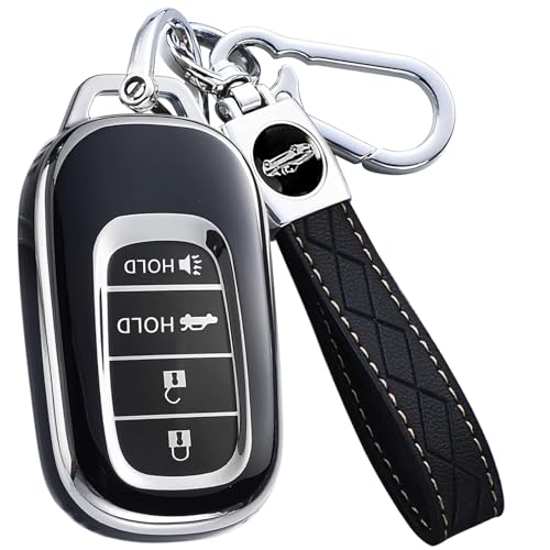 AAWQVRG Key Fob Cover for Honda - Premium Soft TPU Shell Full Protection Case with Keychain Fits Accord Civic HR-V CR-V Pilot Passport Black 4-Button