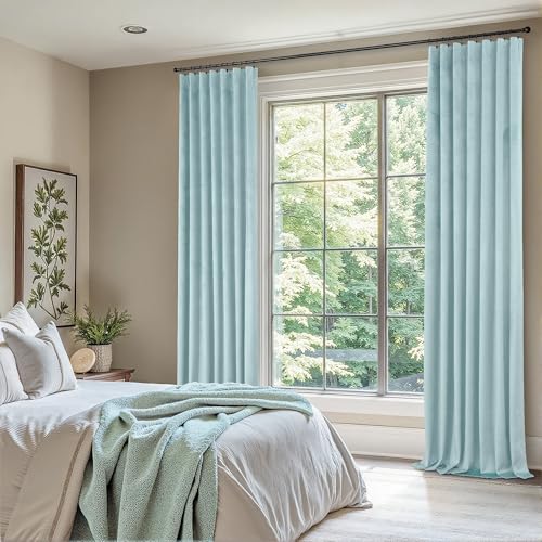Image of Light Blue Velvet Room Darkening Curtains 96 Inches Long for Living Room Bedroom Pale Blue Sky Noise Reducing Light Blocking Black Out Thermal Insulated Summer Heat Privacy Drapes 2 Panels Back Tab