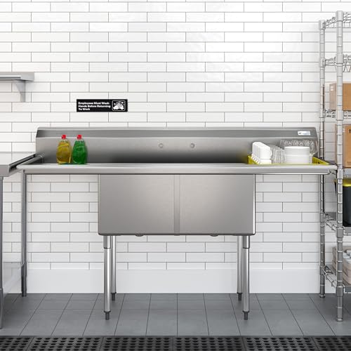 Image of KoolMore 72 in. 18-Gauge 2-Compartment Commercial Sink with Backsplash and Dual 18 in. Drainboards, Bowl Dimensions 18 inchx18 inchx14 inch in Stainless-Steel (KM-SB181814-18B3)